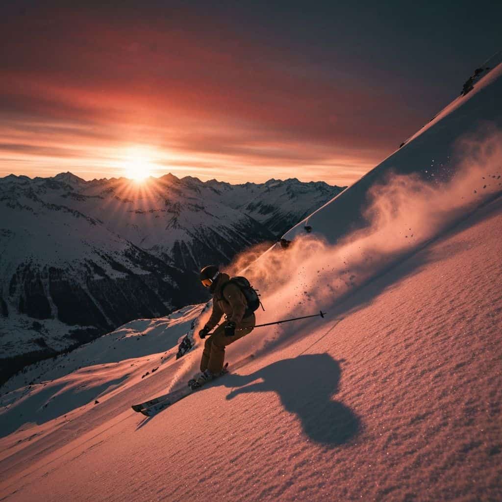 Expert skier carving through fresh powder in Crans-Montana with panoramic Swiss Alps views
